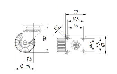 Tente hjul 2970PJP075P50 db.hjul, DIN-leje, grå gummi