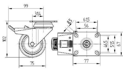 Tente hjul 2977PJP075P50 db.hjul, DIN-leje, m/br.