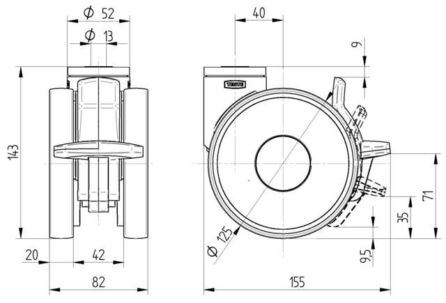 Tente hjul 594CUAP125P30-13 LINEA dobbelthjul m/total+retningsbremse