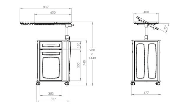 Sengebord i ABS plastic m/læse-/spiseplade